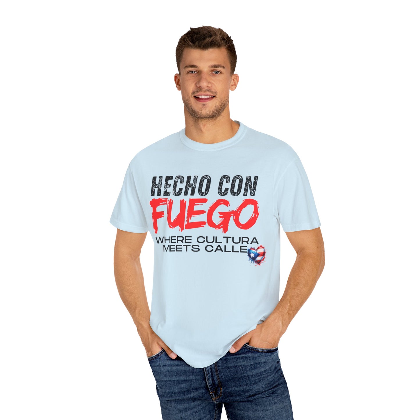 FUEGO T-Shirt, Boricua Pride Graphic Tee, Spanglish Streetwear, Puerto Rican Flag Heart Design