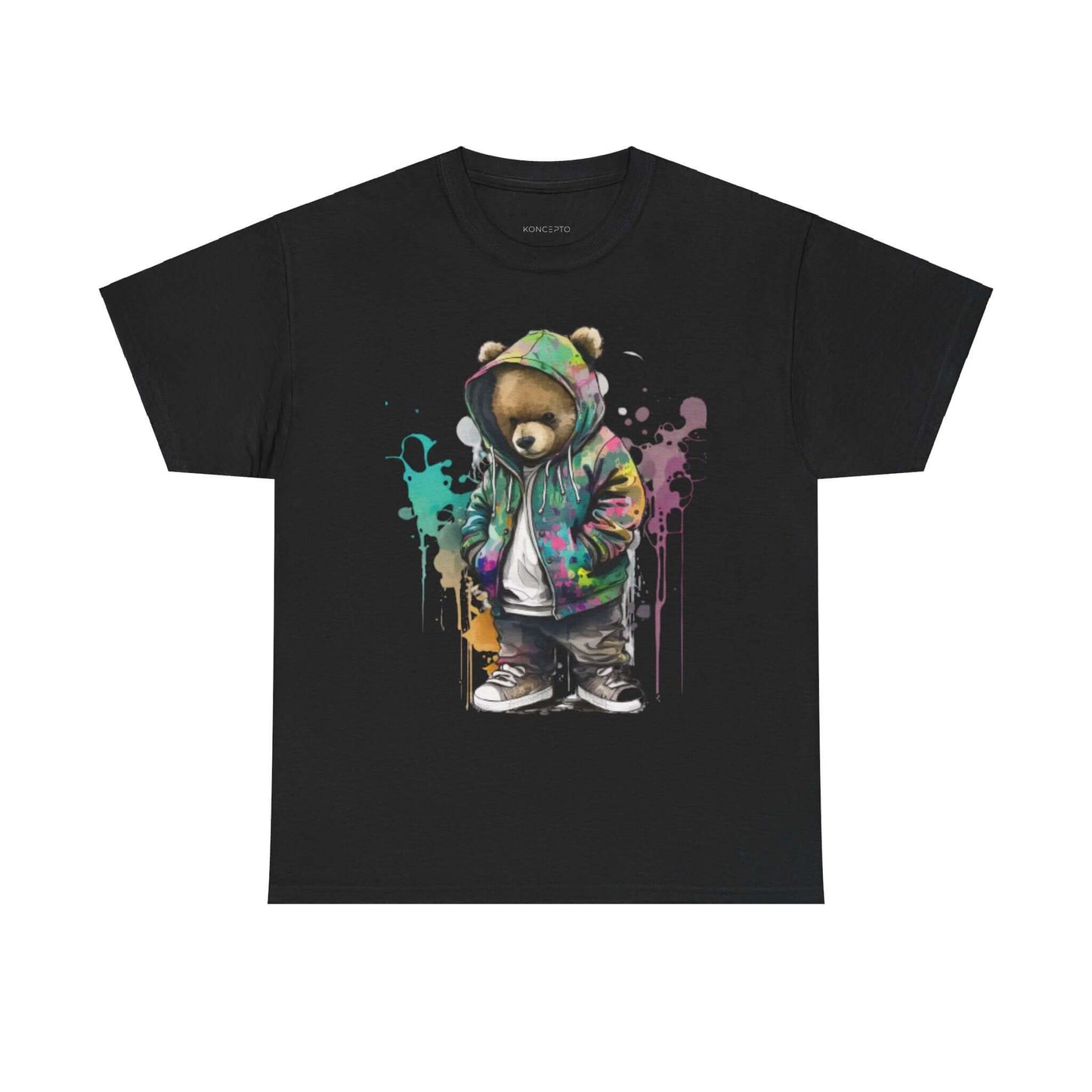 Stylish Bear Fashion Tee in vibrant colors on a black shirt, perfect for a unique casual look. Classic fit for all-day comfort.