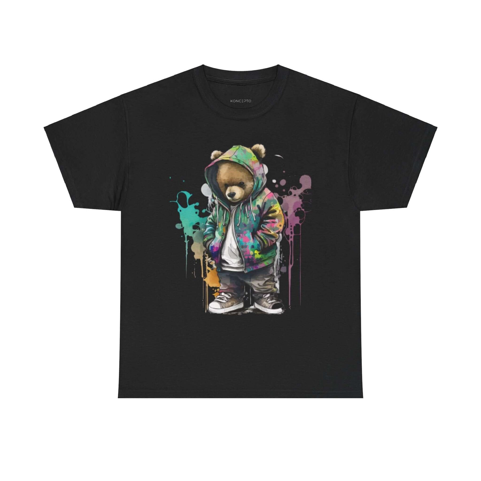 Stylish Bear Fashion Tee in vibrant colors on a black shirt, perfect for a unique casual look. Classic fit for all-day comfort.