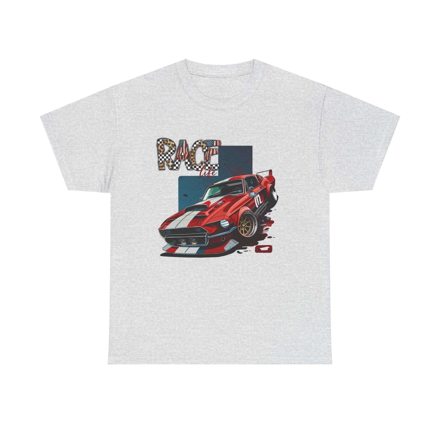 Racing Life Muscle Car T-Shirt with iconic Mustang design and 'RACE life' emblem in red and white.