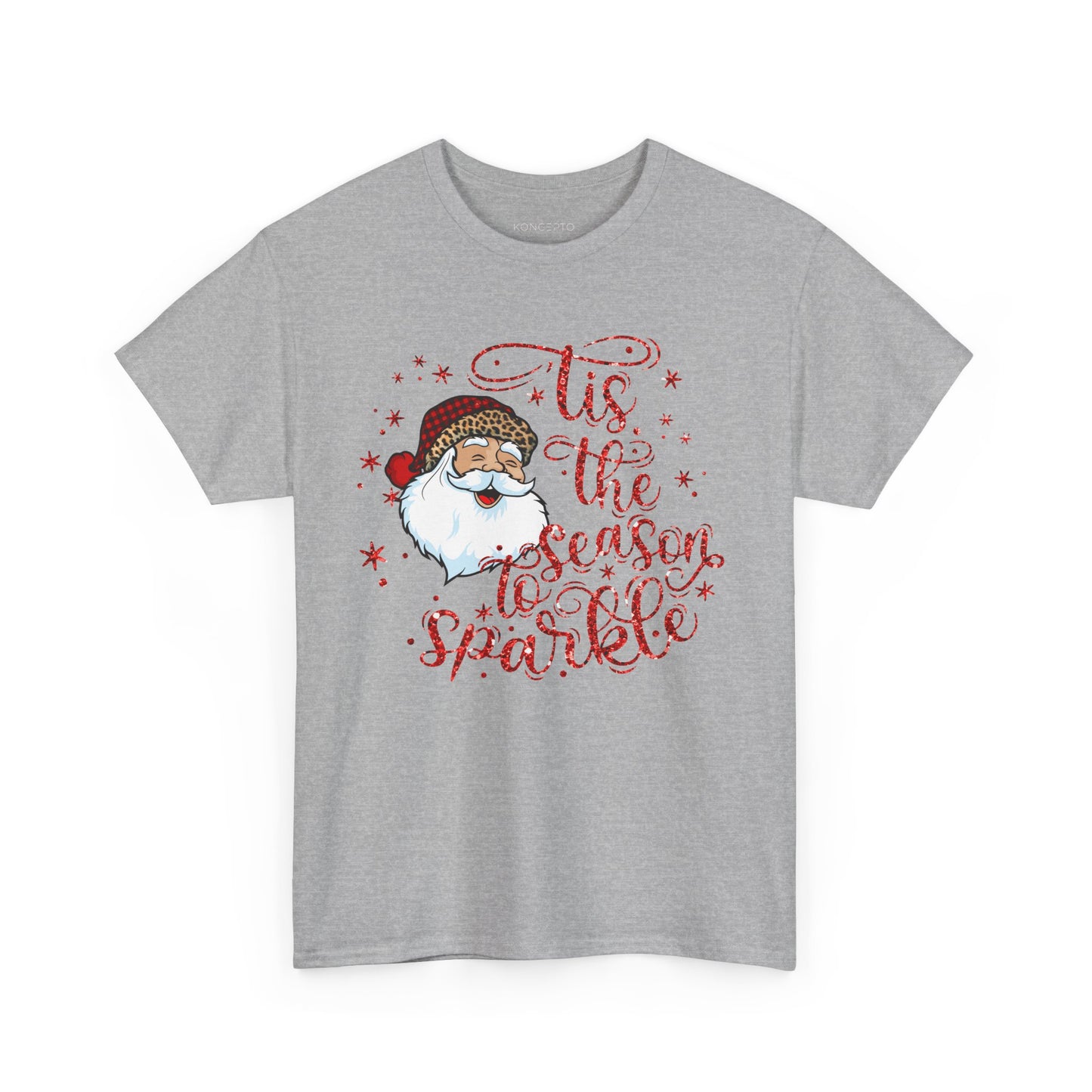 'Tis the Season to Sparkle Santa Claus tee with glittery stars, perfect for festive holiday celebrations and gifts.
