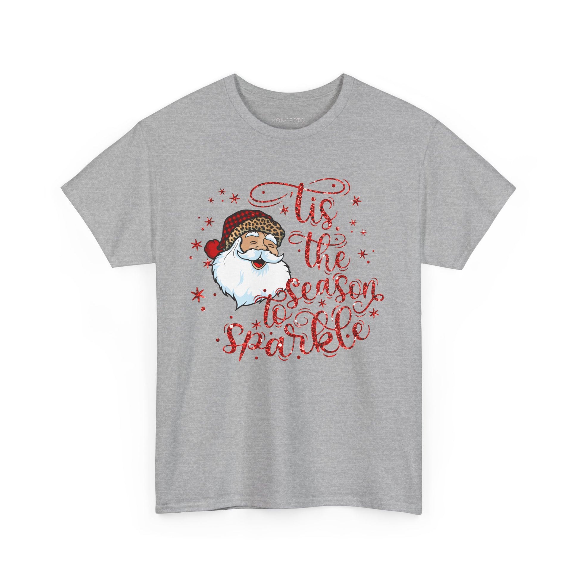 'Tis the Season to Sparkle Santa Claus tee with glittery stars, perfect for festive holiday celebrations and gifts.