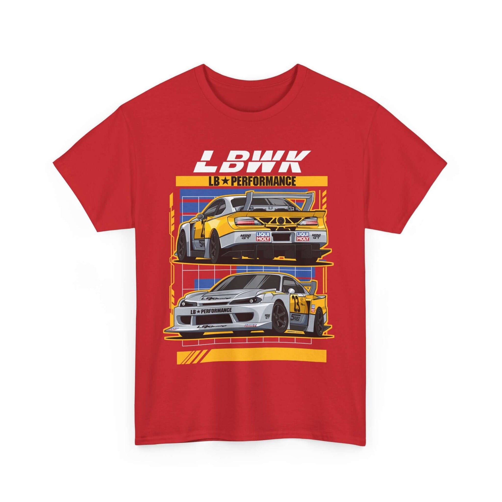 Red retro pop art tee with LB Performance race cars design, featuring yellow and white stripes. Perfect gift for car enthusiasts.