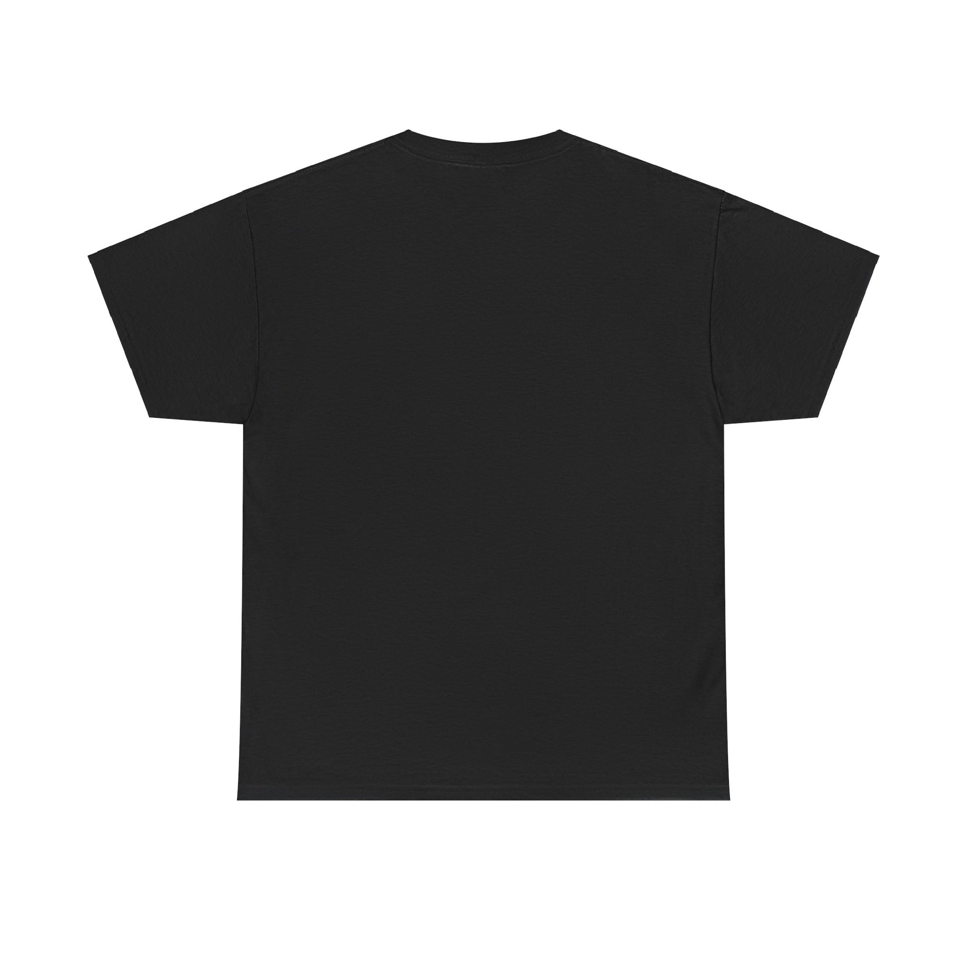 Back view of a unisex heavy cotton tee in solid black color, perfect for casual wear or holiday celebrations.