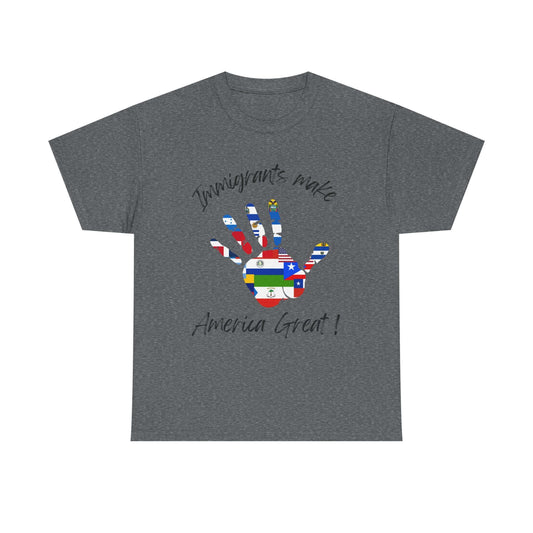 Unisex cotton tee with 'Immigrants Make America Great' and colorful handprint design