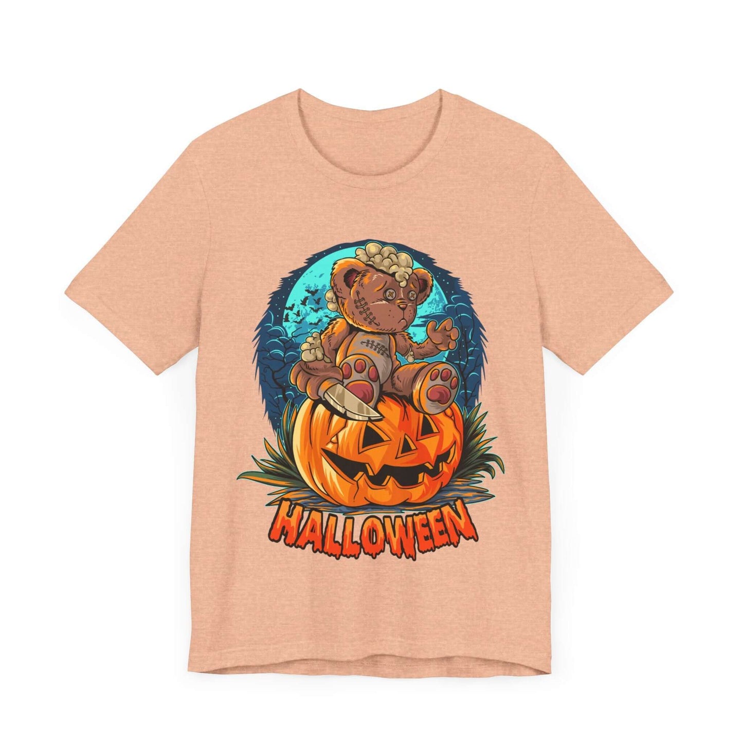 Spooky Teddy Bear Halloween Women's T-shirt, Cartoon Scary Pumpkin Tee, Costume Idea for Halloween, Trick-or-Treating, and Haunted Adventure