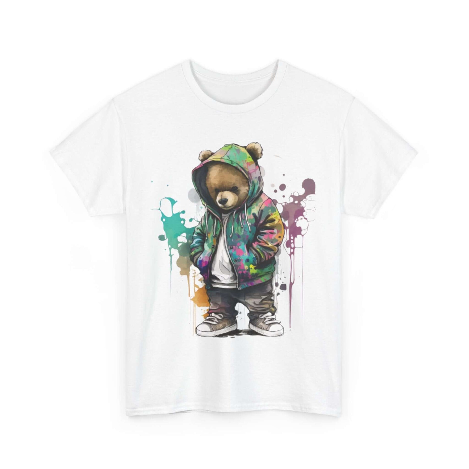 Fashion-ready tee with vibrant bear design, colorful and unique T-shirt for casual wear and versatile style options.