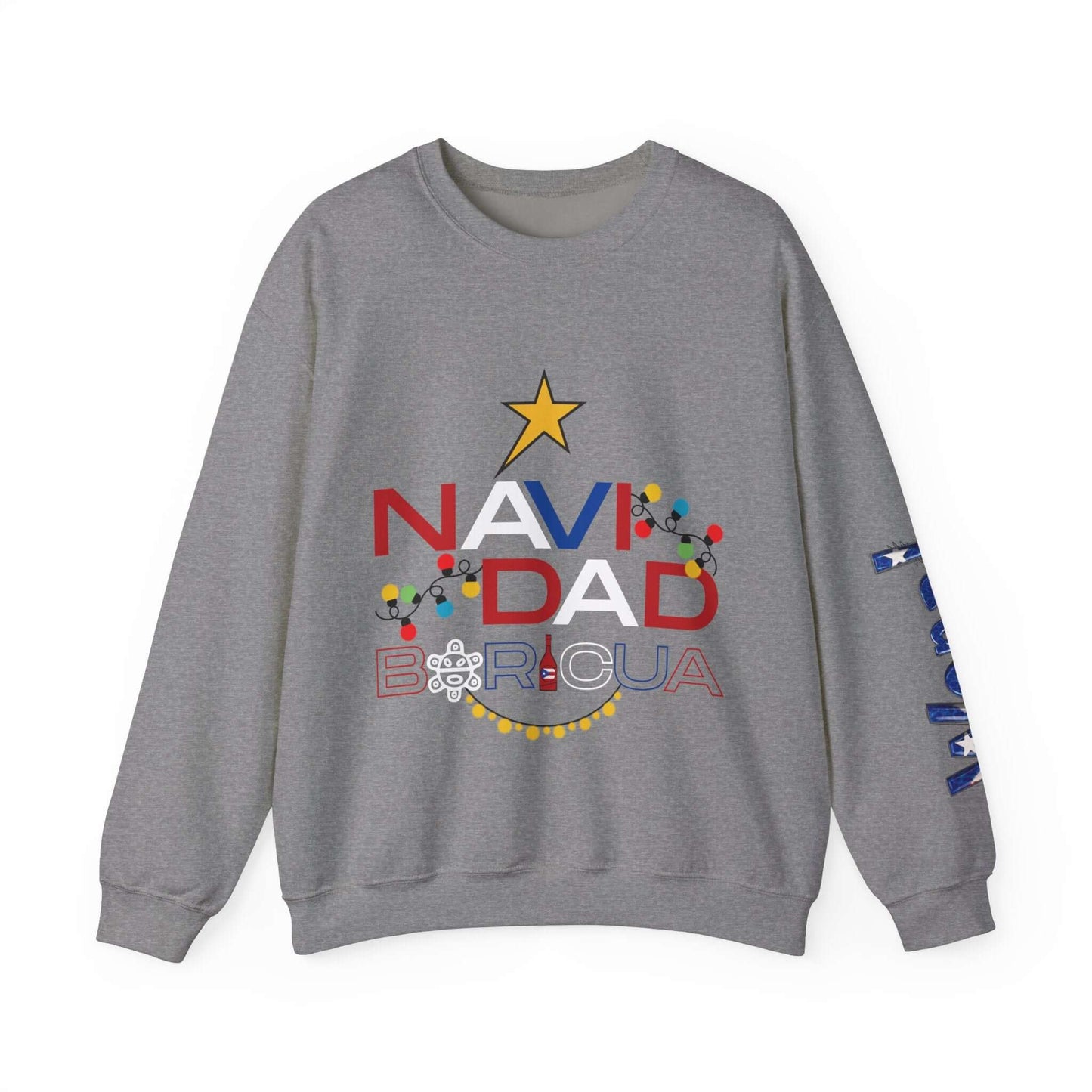 Customizable Christmas sweater with "NAVIDAD BORICUA" tree design, festive colors, and vibrant sleeve prints.