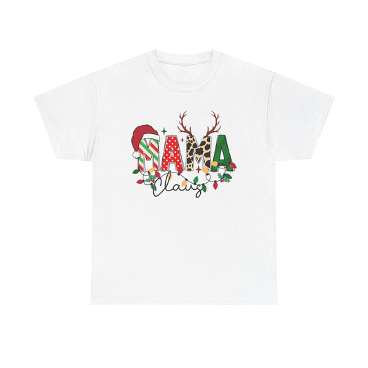 MAMA Claus festive unisex Christmas tee with Santa hat and reindeer antlers design on a white background.