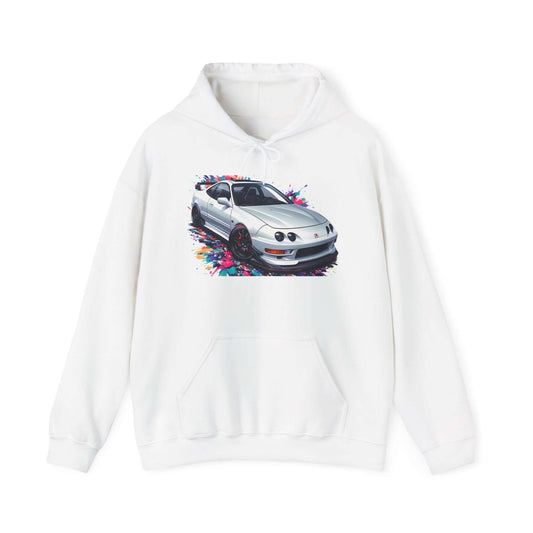 White hooded sweatshirt with DC2 USDM front clip car design, perfect for car enthusiasts and casual outings.