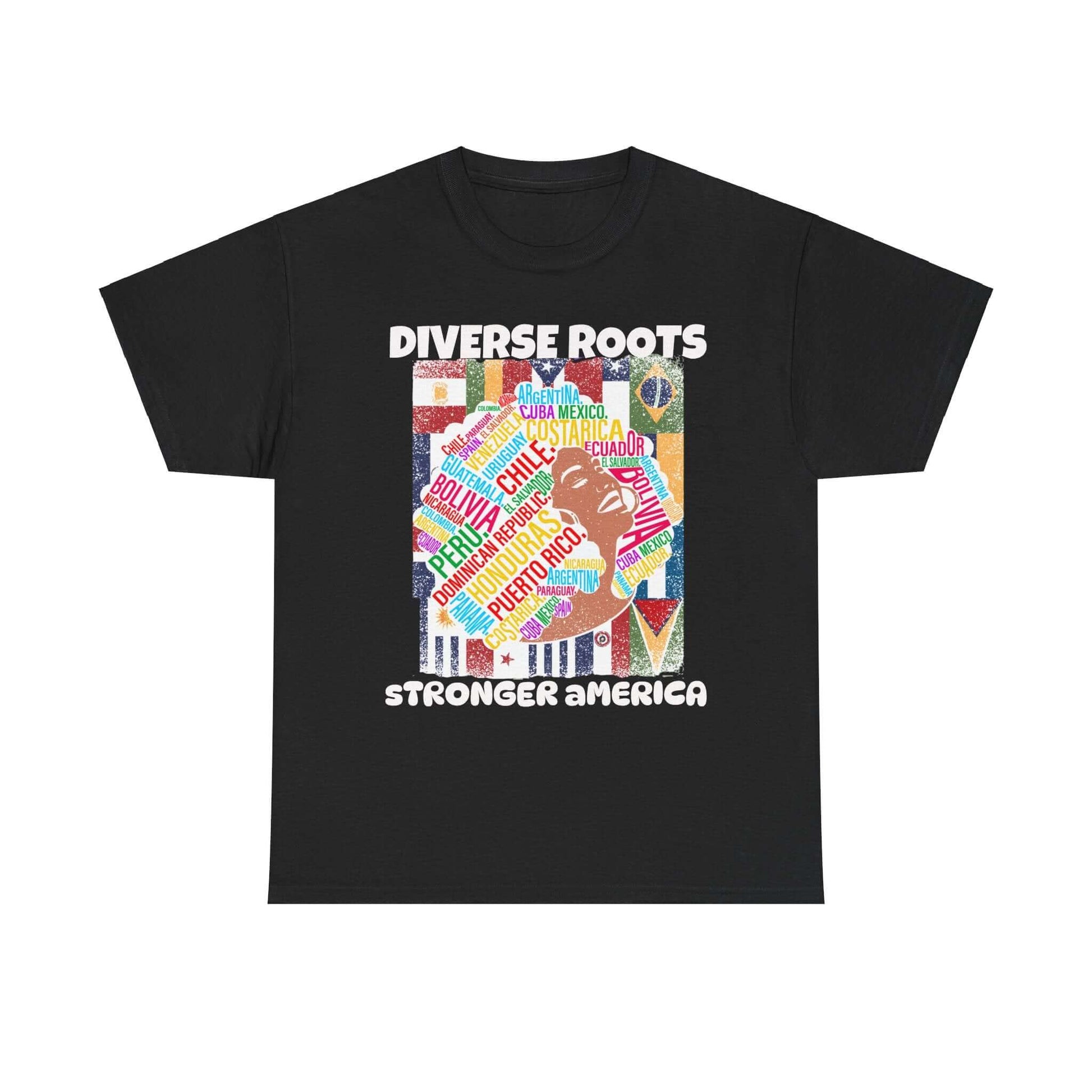 Unisex tee featuring 'Diverse Roots Stronger America' with colorful design supporting immigration and diversity advocacy.