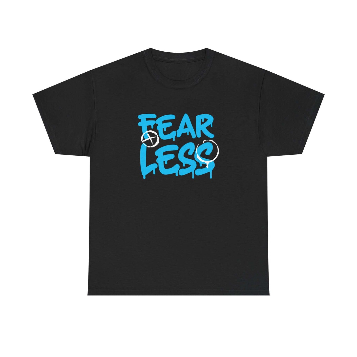 Black unisex heavy cotton tee with bold 'FEAR LESS' design in blue, promoting casual confidence for everyday wear.