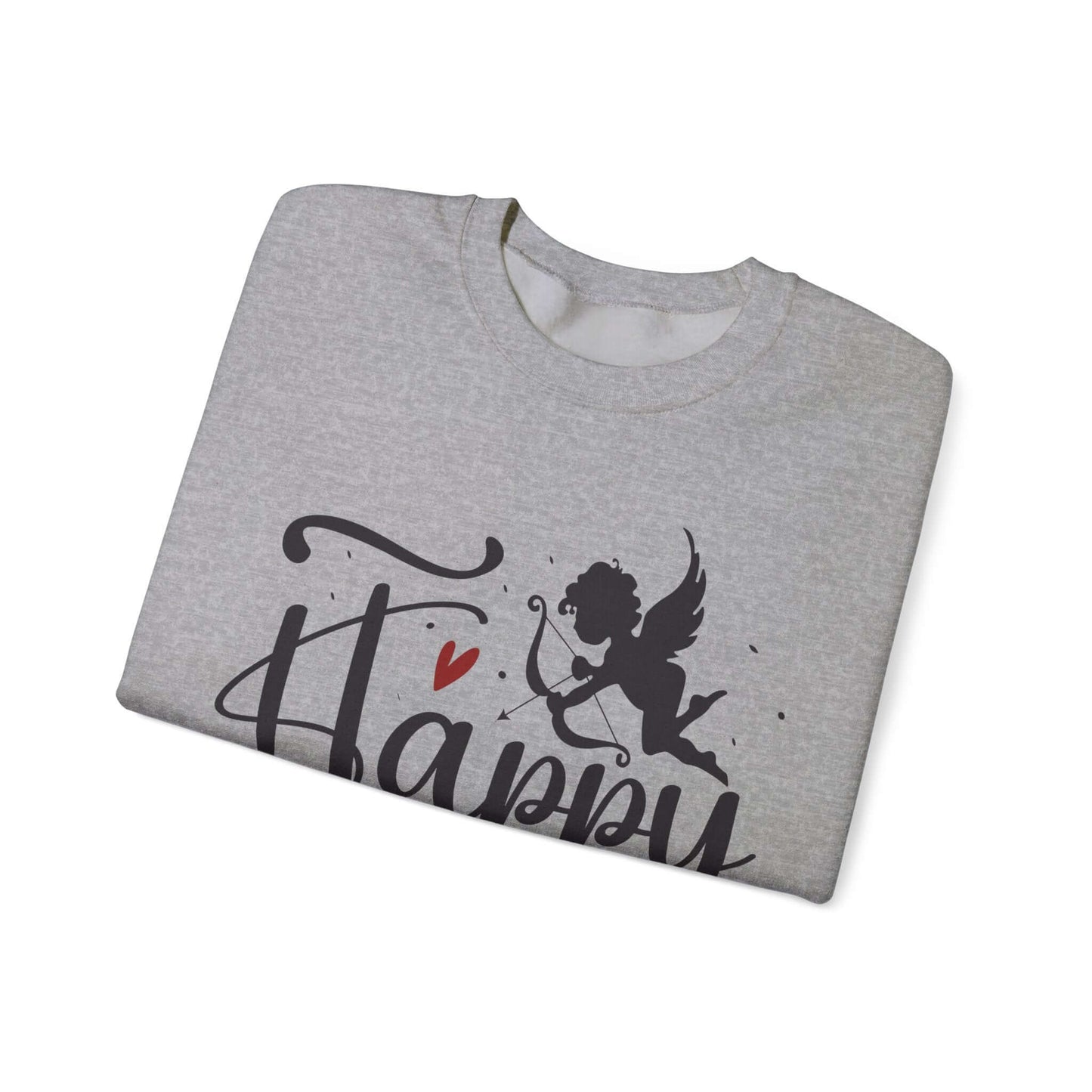 Gray Valentine's sweatshirt with Cupid and heart graphic, folded and displayed on a white background.