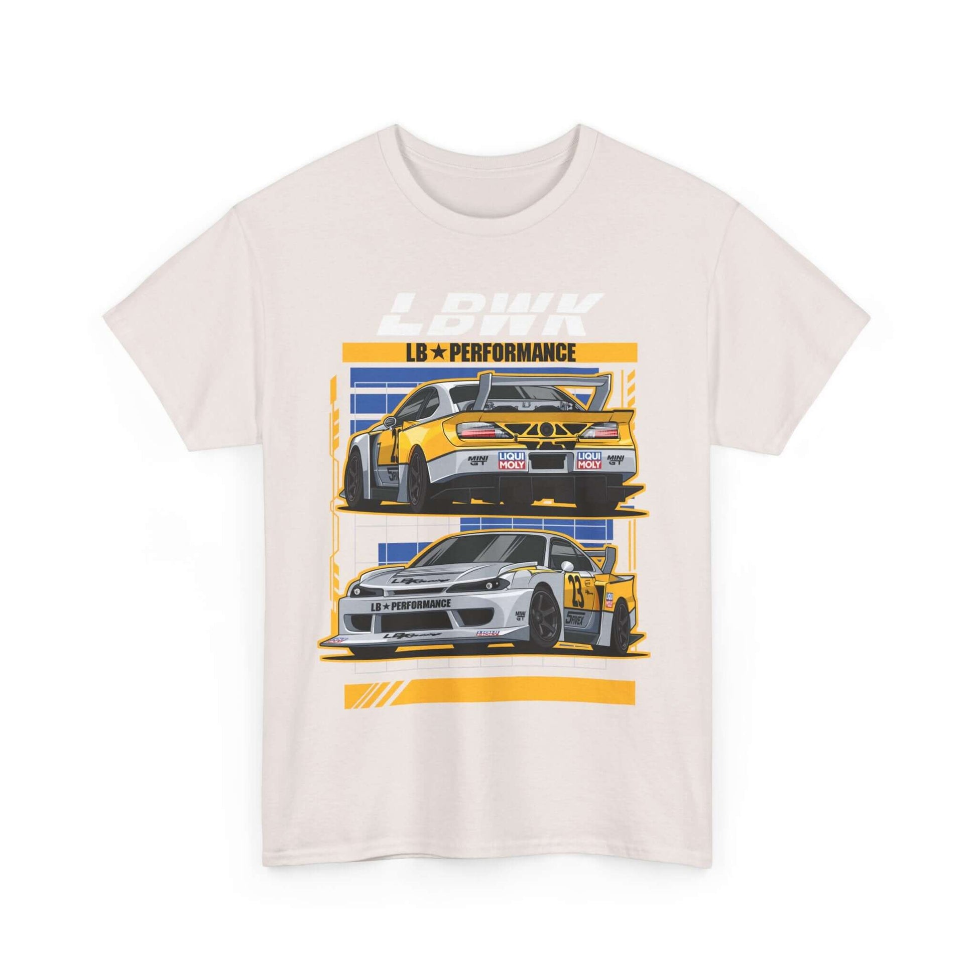 "Retro Pop Art Tee with LB Performance Race Cars design in yellow and white stripes, perfect cozy holiday gift for car enthusiasts"