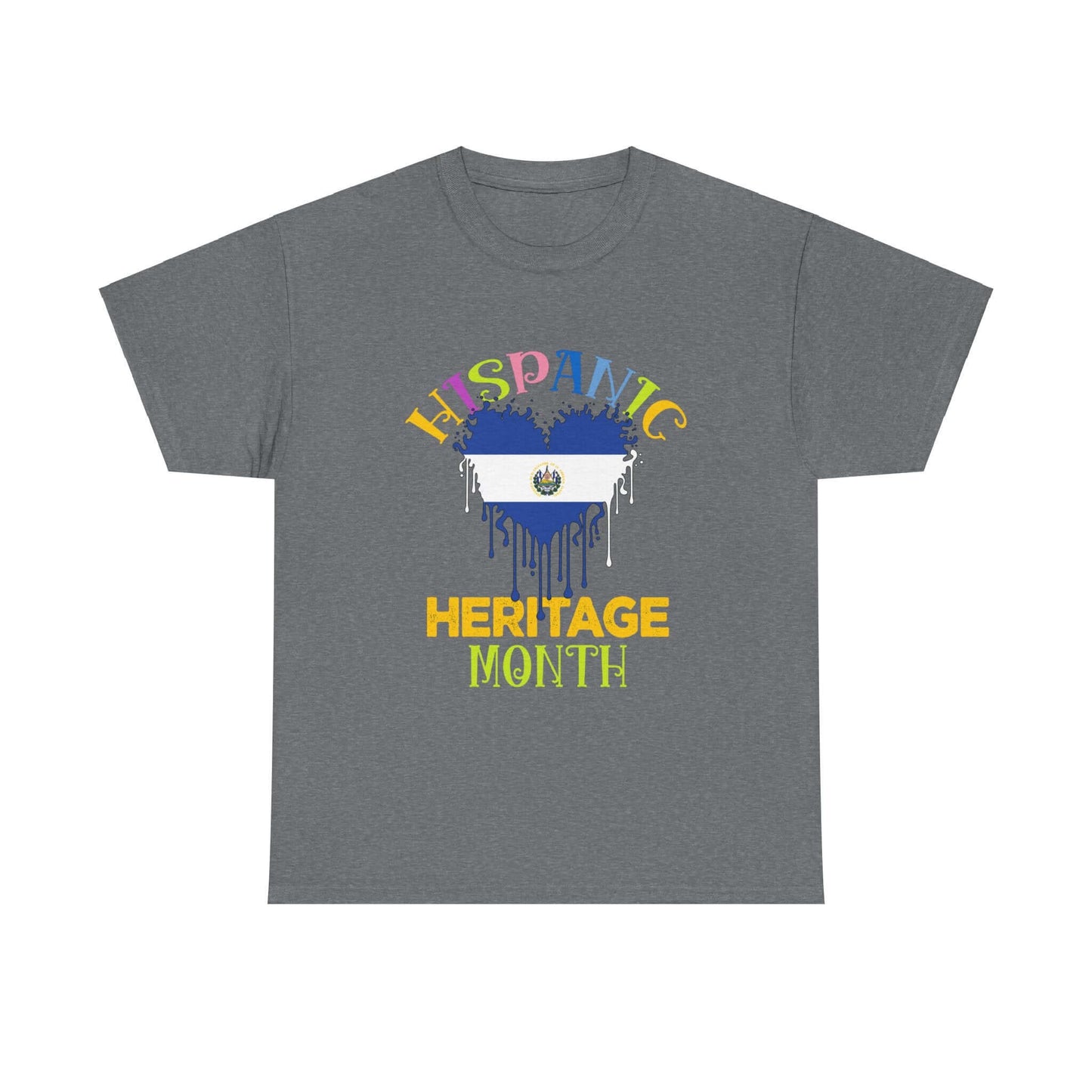 Hispanic Heritage Month Salvadorian Heart Flag Graphic Tee, 100% cotton, classic fit, grey.