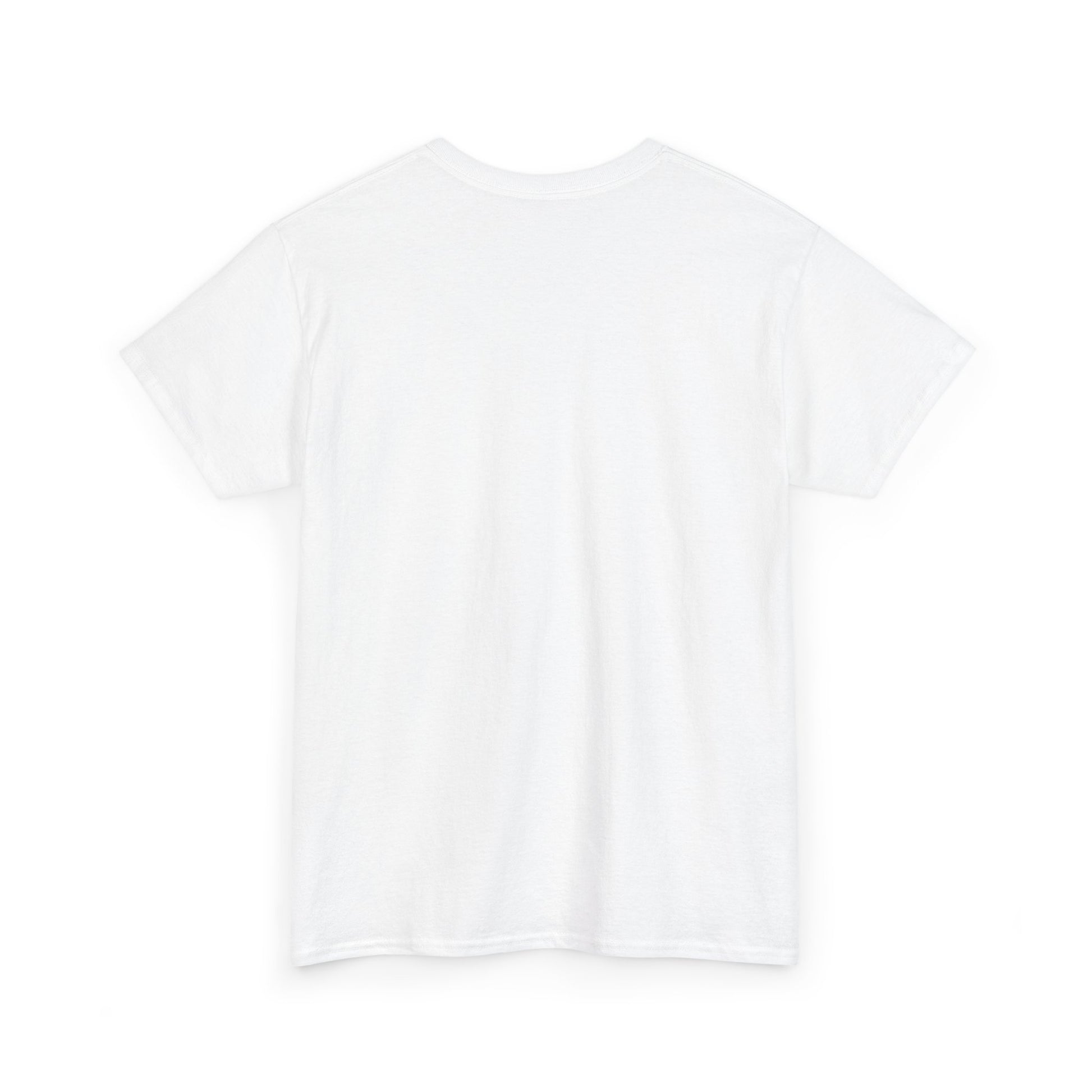 Back view of a unisex heavy cotton white t-shirt, perfect for showcasing festive designs or holiday prints.