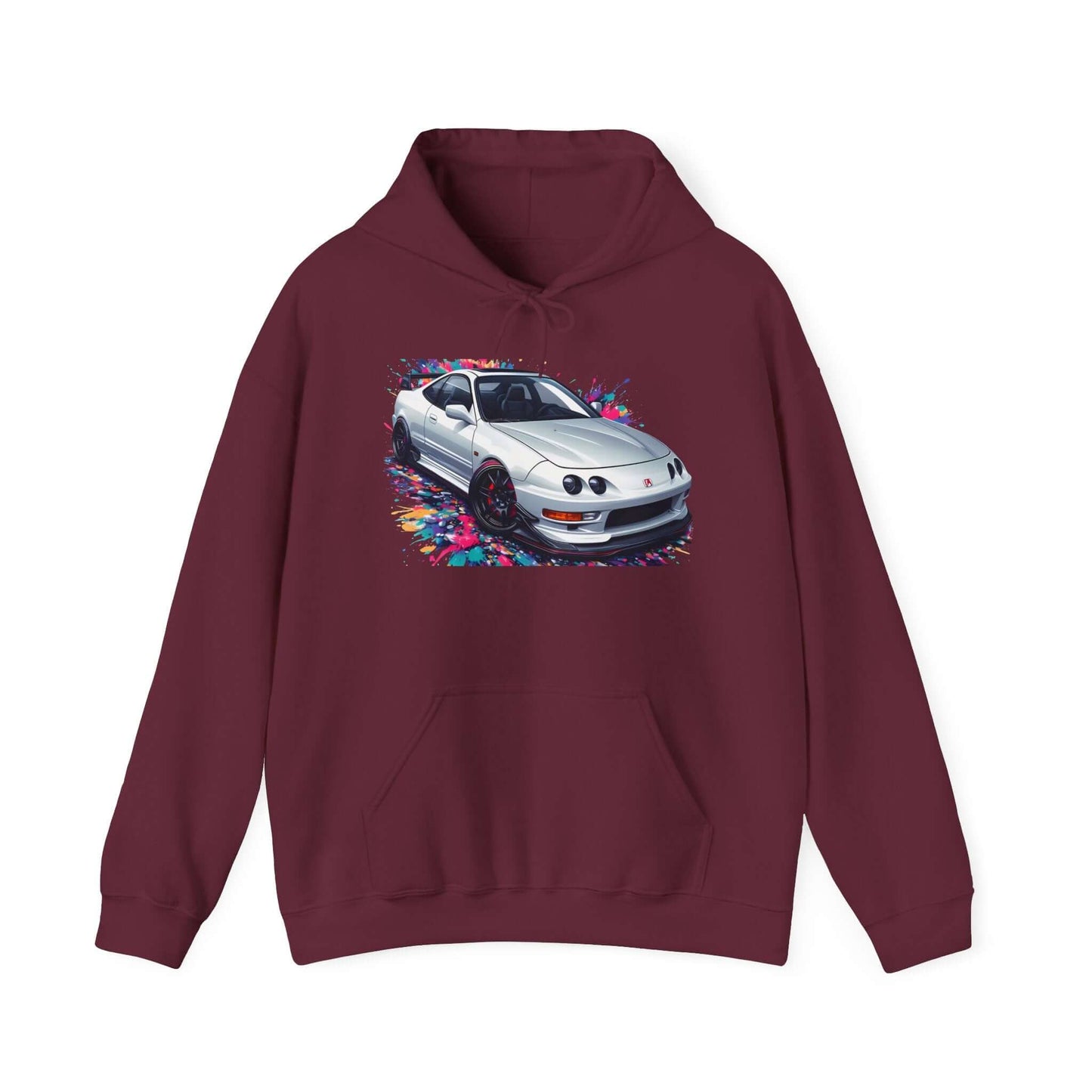 Burgundy hooded sweatshirt featuring white Model Integra with DC2 USDM front clip design, perfect for car enthusiasts.