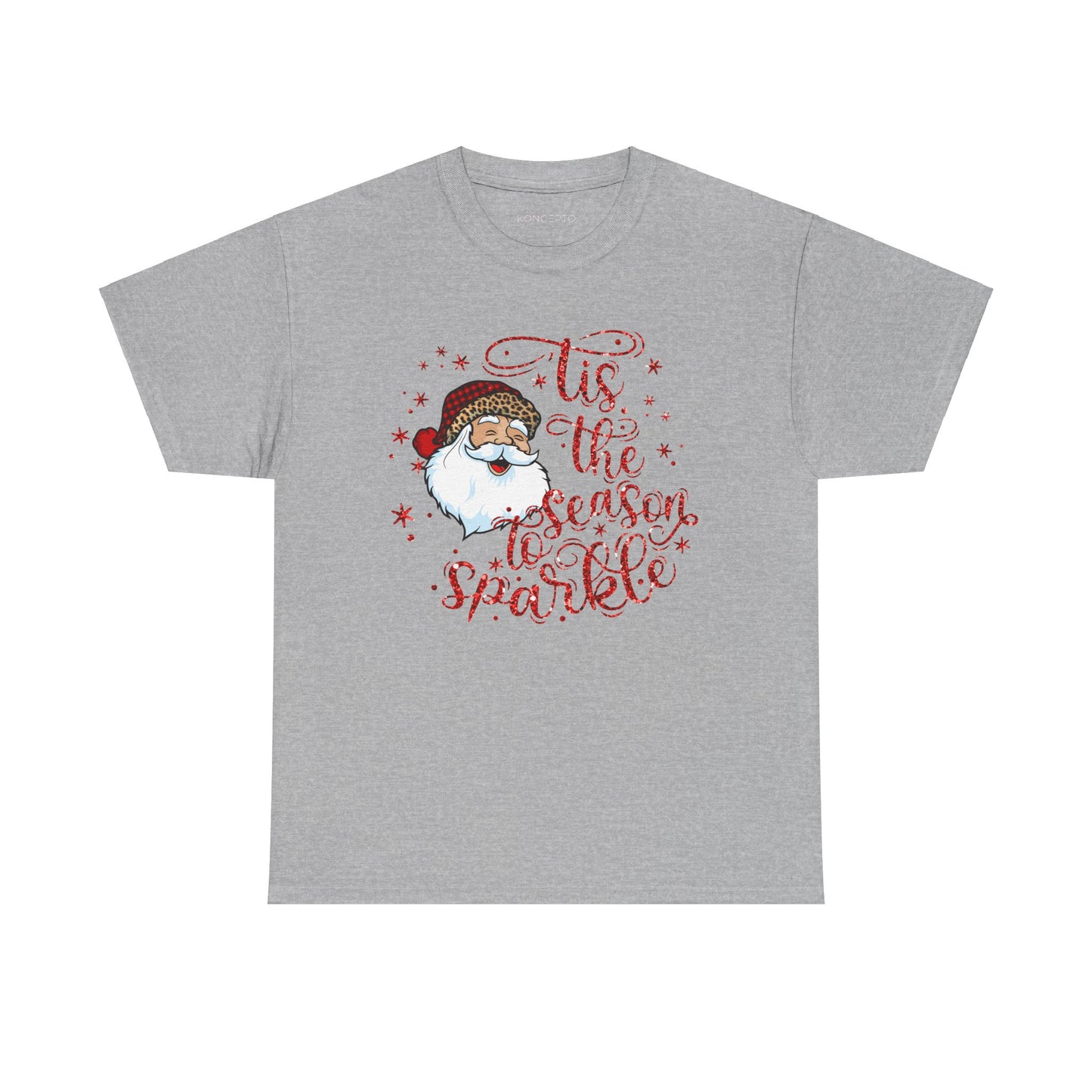 'Tis the Season to Sparkle tee featuring Santa in a checkered hat, surrounded by glittery stars for holiday cheer.