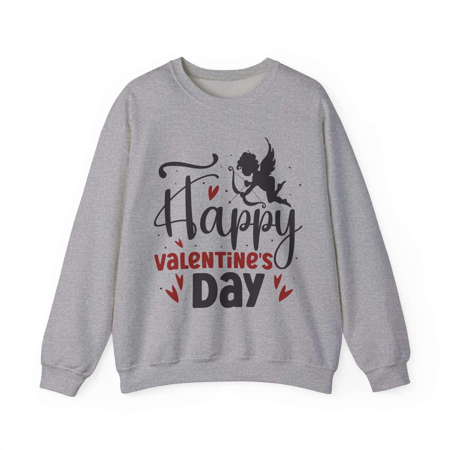 Gray Valentine's Day sweatshirt with 'Happy Valentine's Day' text and cupid graphic, perfect for romantic celebrations.