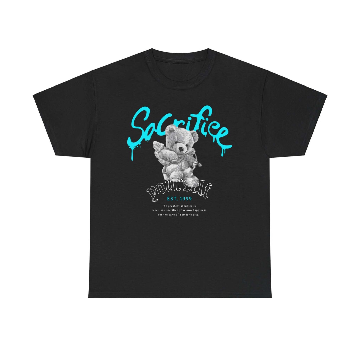 Whimsical black tee featuring a playful bear graphic and expressive "Sacrifice Yourself" text, perfect for urban street style.
