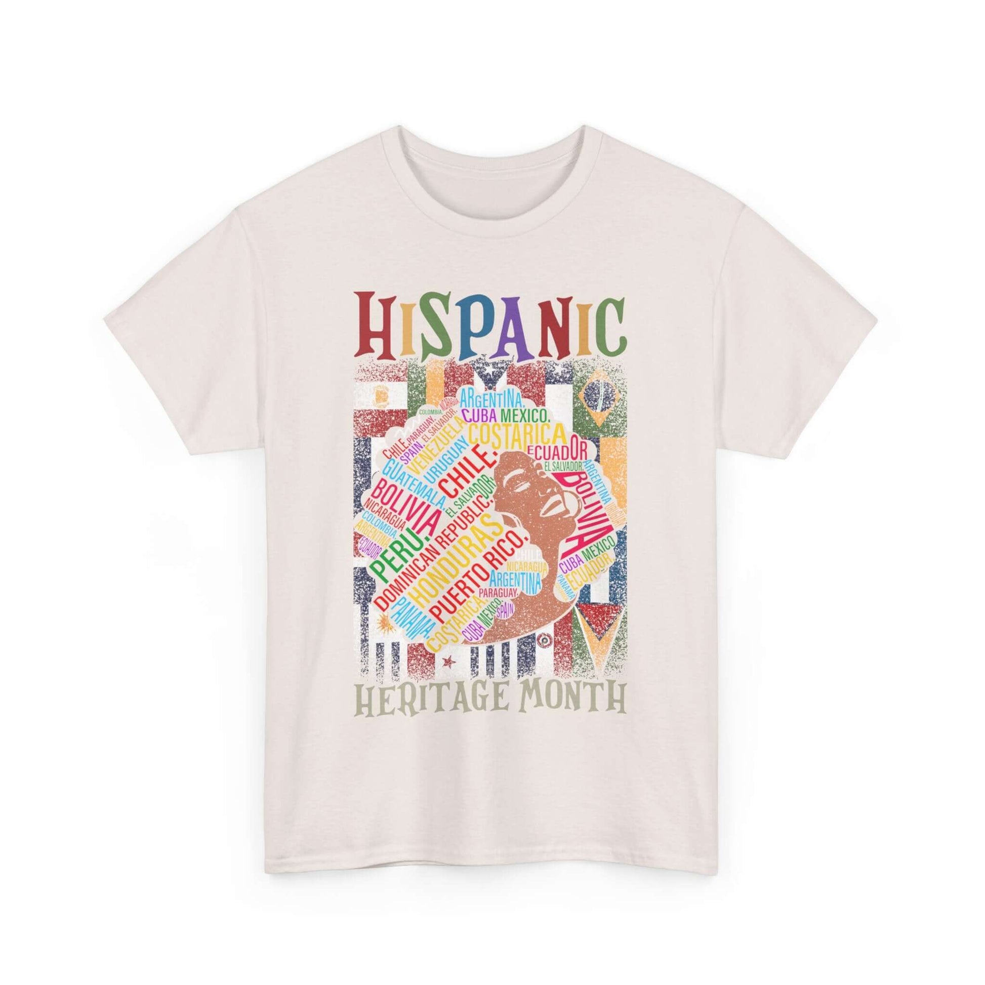 Hispanic Heritage Tee with flags forming a portrait and bold 'Hispanic Heritage' text in traditional colors.