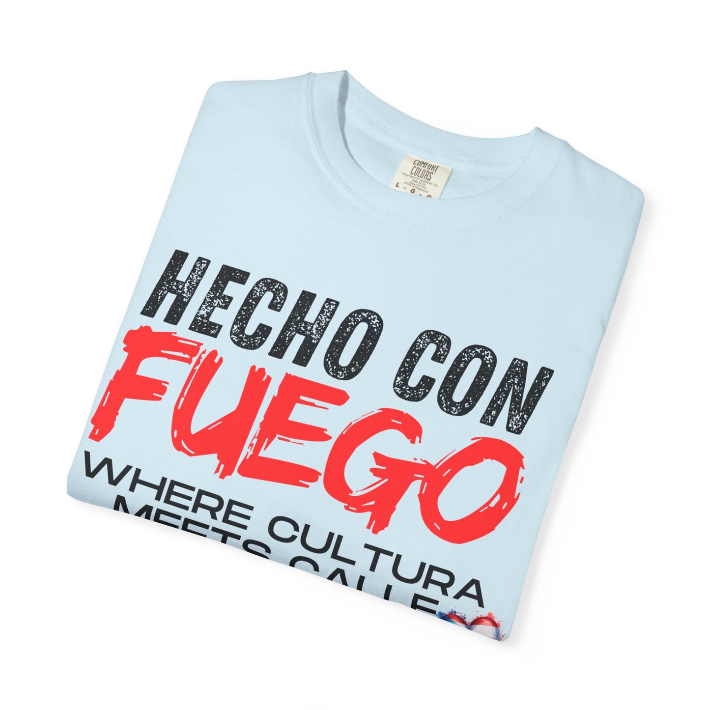 FUEGO T-Shirt, Boricua Pride Graphic Tee, Spanglish Streetwear, Puerto Rican Flag Heart Design