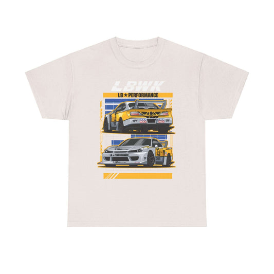 Retro Pop Art Tee with Race Cars Design – Cozy Holiday Gift for Car Enthusiasts, Yellow & White Stripes, Unisex Cotton Apparel