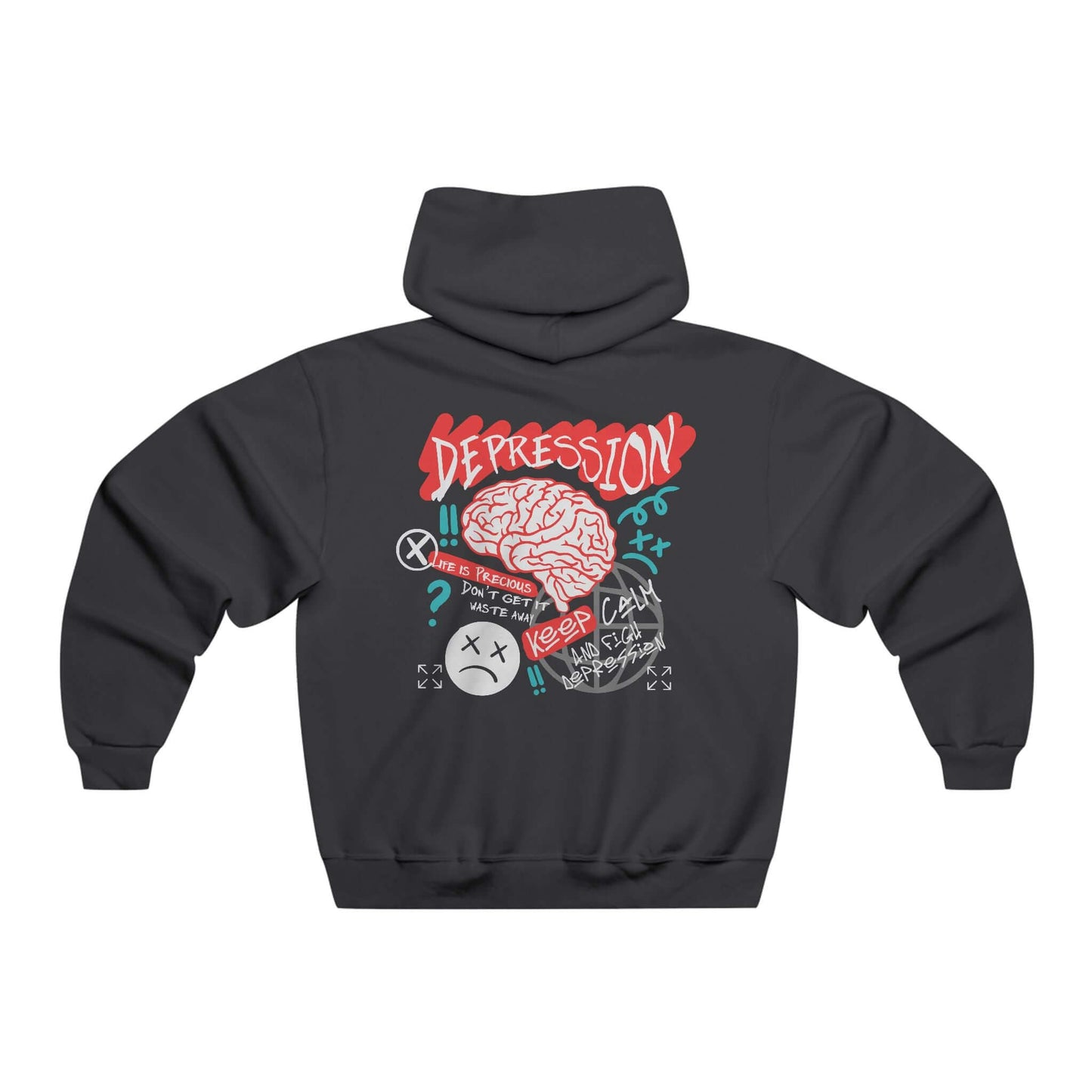 Black hoodie with depression-themed artwork, featuring a teamwork quote for self-help and positivity. Ideal for mental health awareness.