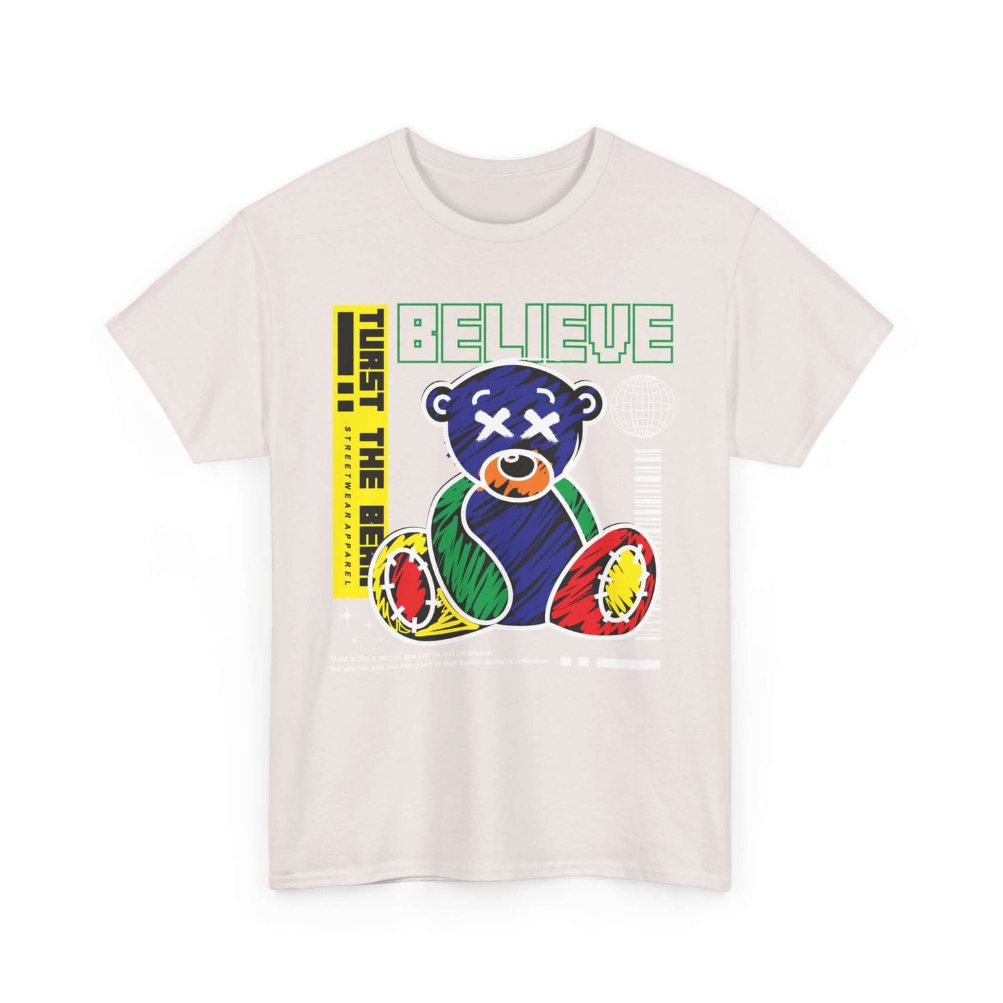 Unisex tee with multicolored bear drawing and 'Believe' inspirational quote, perfect for casual wear and positive vibes.