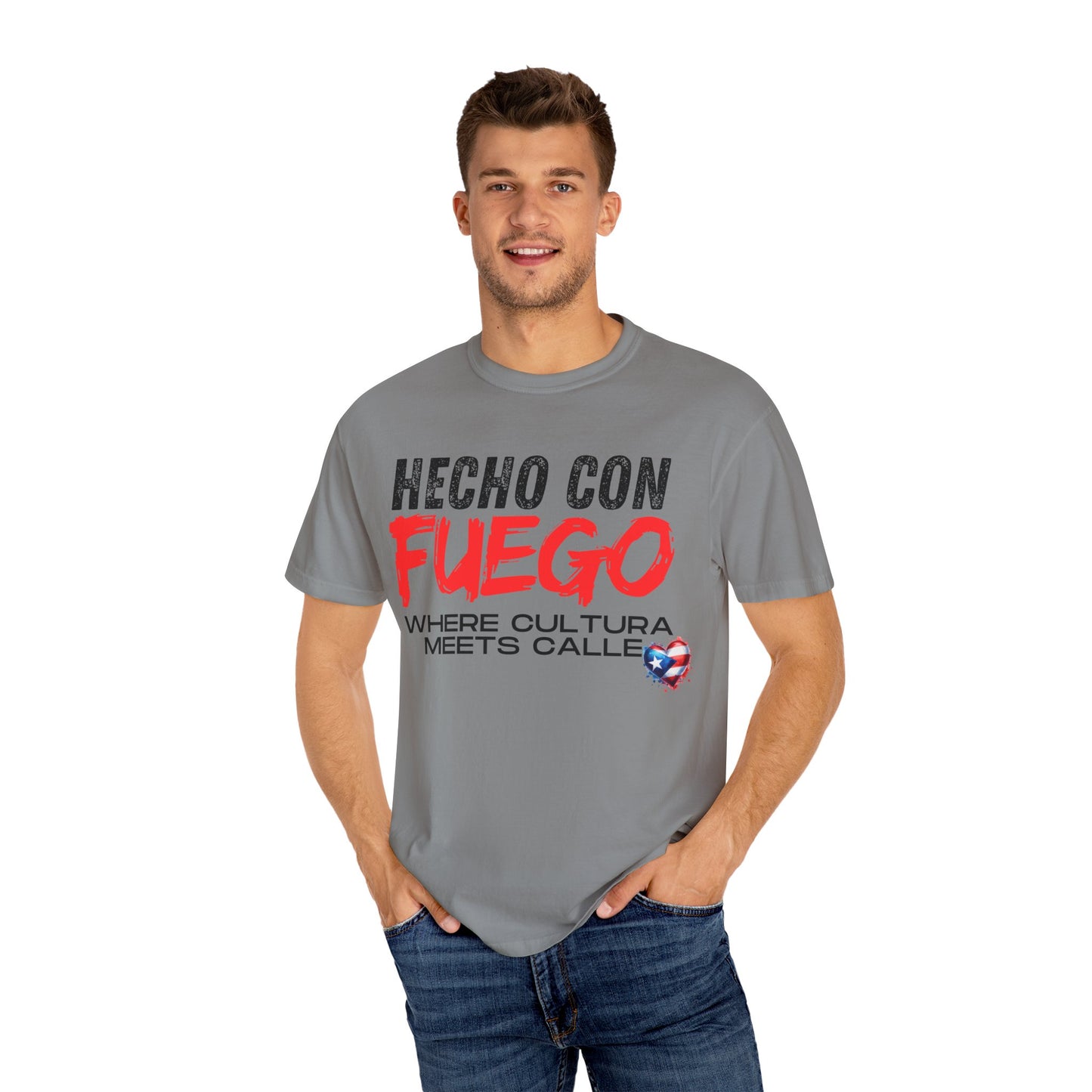 FUEGO T-Shirt, Boricua Pride Graphic Tee, Spanglish Streetwear, Puerto Rican Flag Heart Design