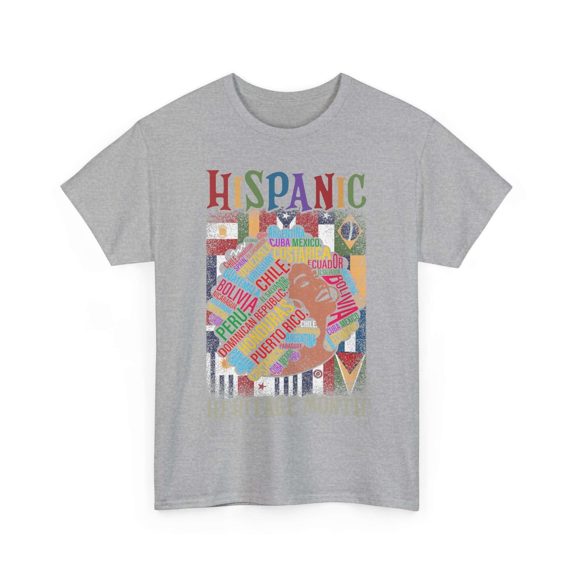 Hispanic Heritage Tee with flag portrait and cultural text on gray background, celebrates Hispanic pride and heritage.