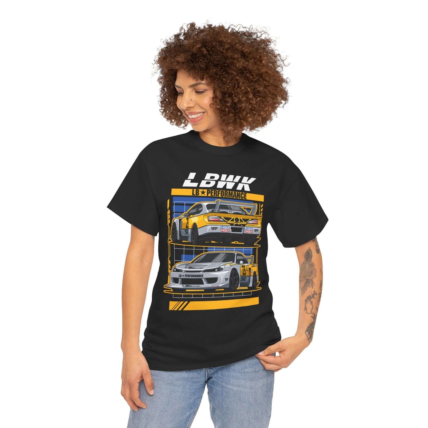 Woman wearing a Retro Pop Art Tee with race car design, perfect holiday gift for car enthusiasts, featuring yellow and white stripes.