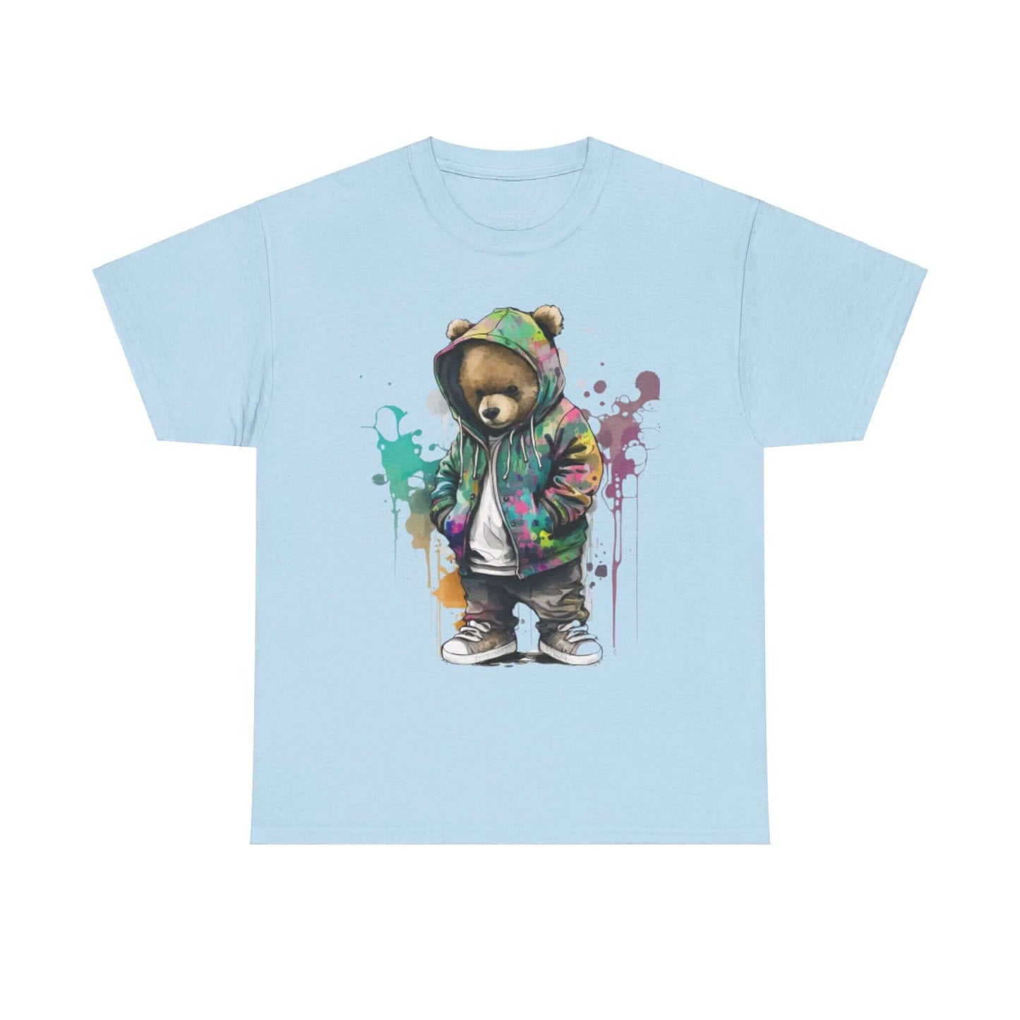 Fashion-ready bear design tee with vibrant colors on a blue T-shirt, perfect for casual wear and unique style.