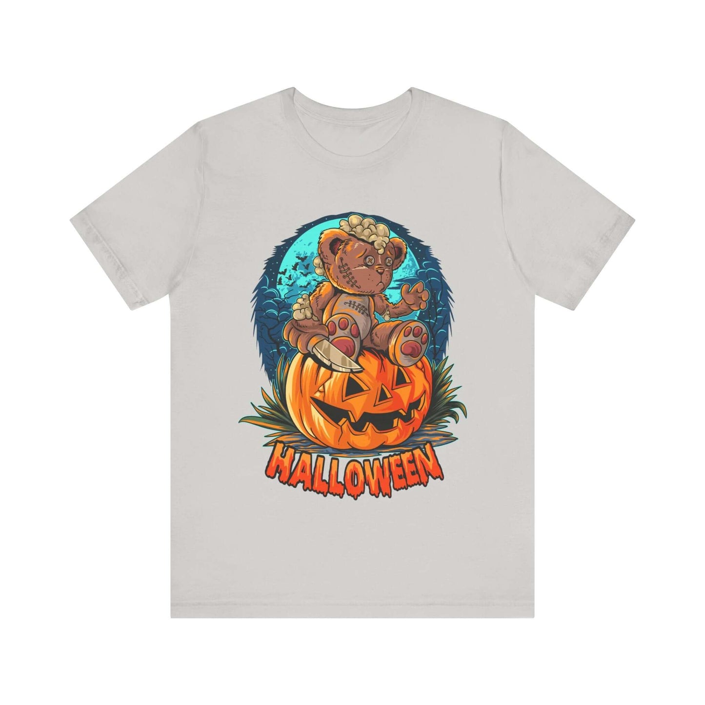 Spooky Teddy Bear Halloween Women's T-shirt, Cartoon Scary Pumpkin Tee, Costume Idea for Halloween, Trick-or-Treating, and Haunted Adventure