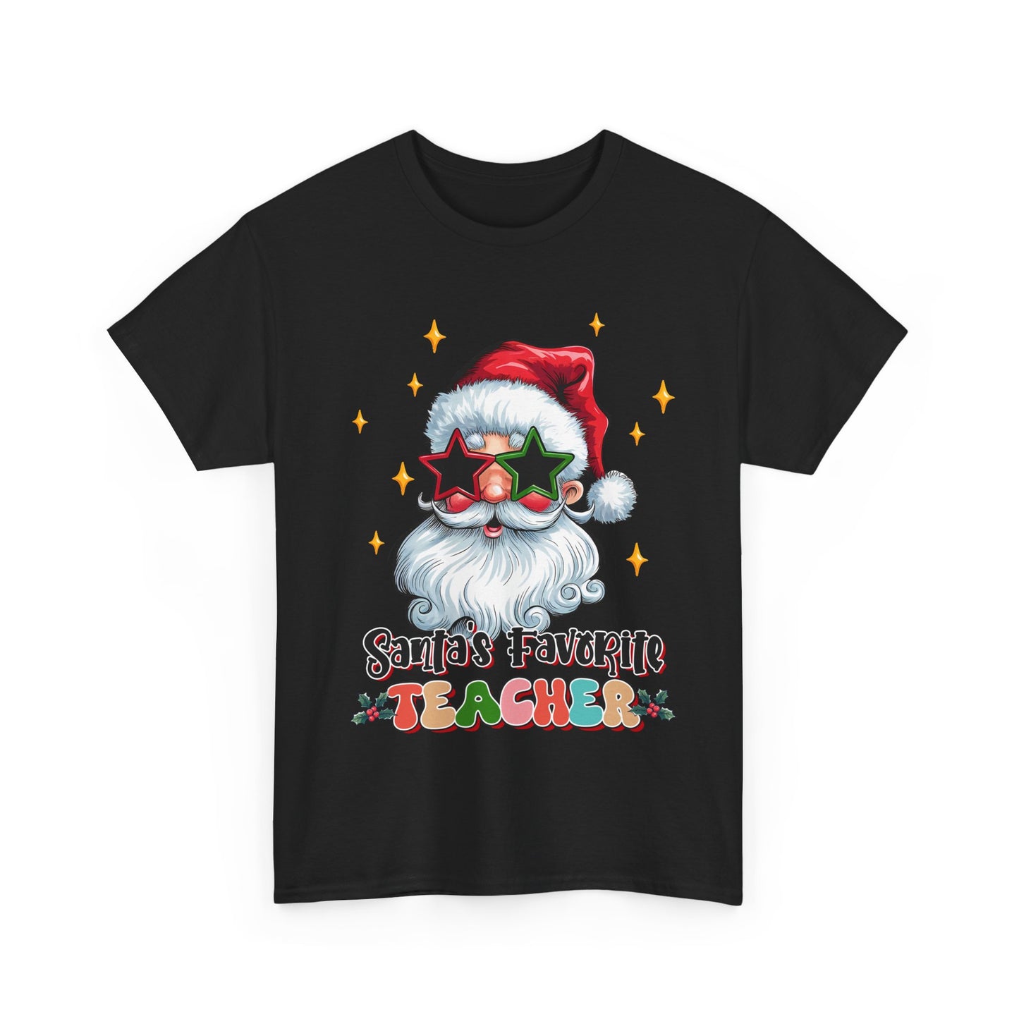 Black Christmas tee featuring Santa with colorful glasses and "Santa's Favorite Teacher" text for festive appreciation gifts.