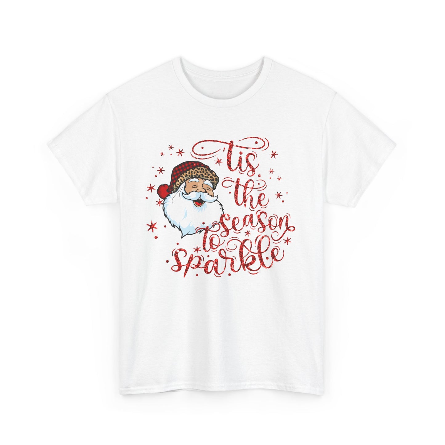 Cheerful Santa Claus design on a white tee reading 'Tis the Season to Sparkle', perfect for holiday celebrations.