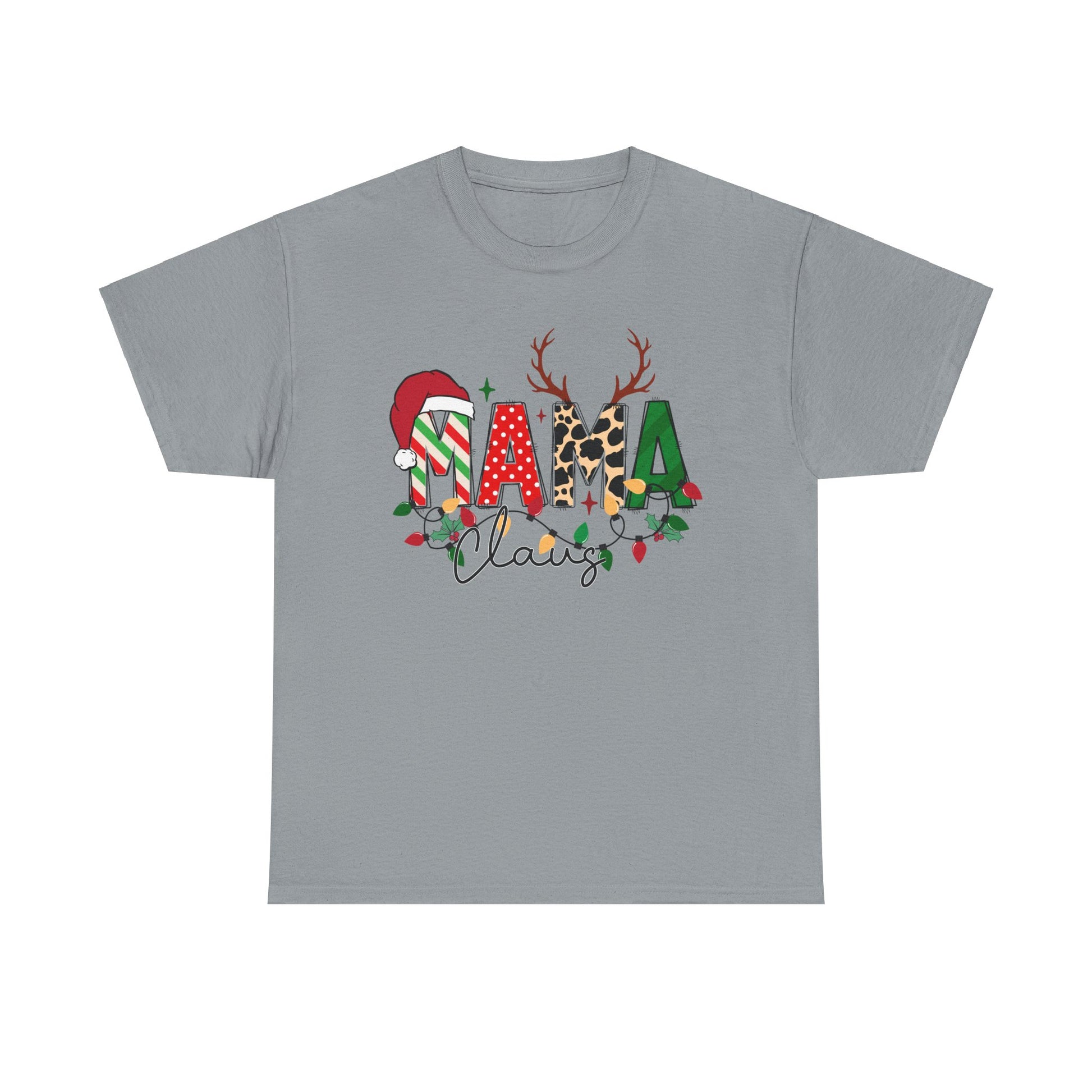 MAMA Claus Christmas T-Shirt in gray featuring festive Santa hat and reindeer antlers design for a cheerful holiday look.