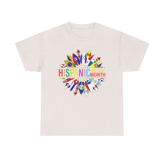 Kids' T-shirt celebrating Hispanic Heritage Month with vibrant flags forming a colorful design.