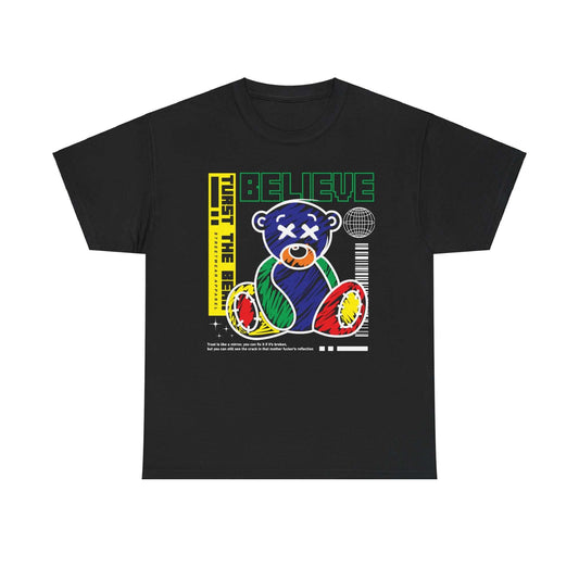 Bear Believe Unisex Tee with colorful bear design and inspirational quote, perfect for casual wear or gifting occasions.