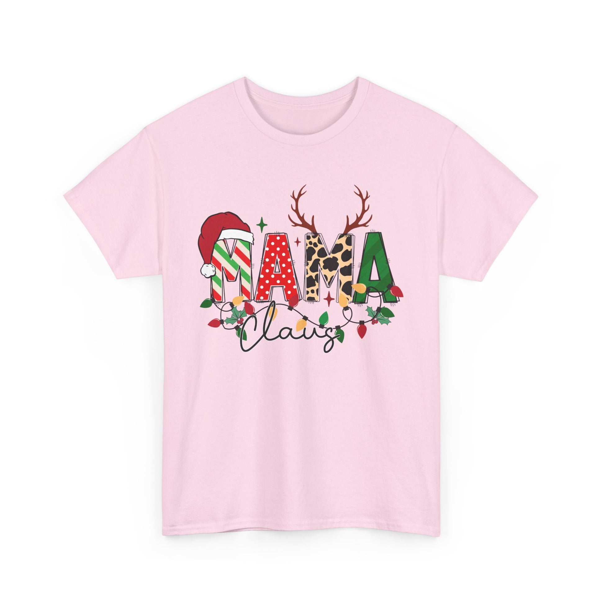 Christmas MAMA Claus unisex tee design featuring Santa hat, reindeer antlers, and festive colors on a pink t-shirt.