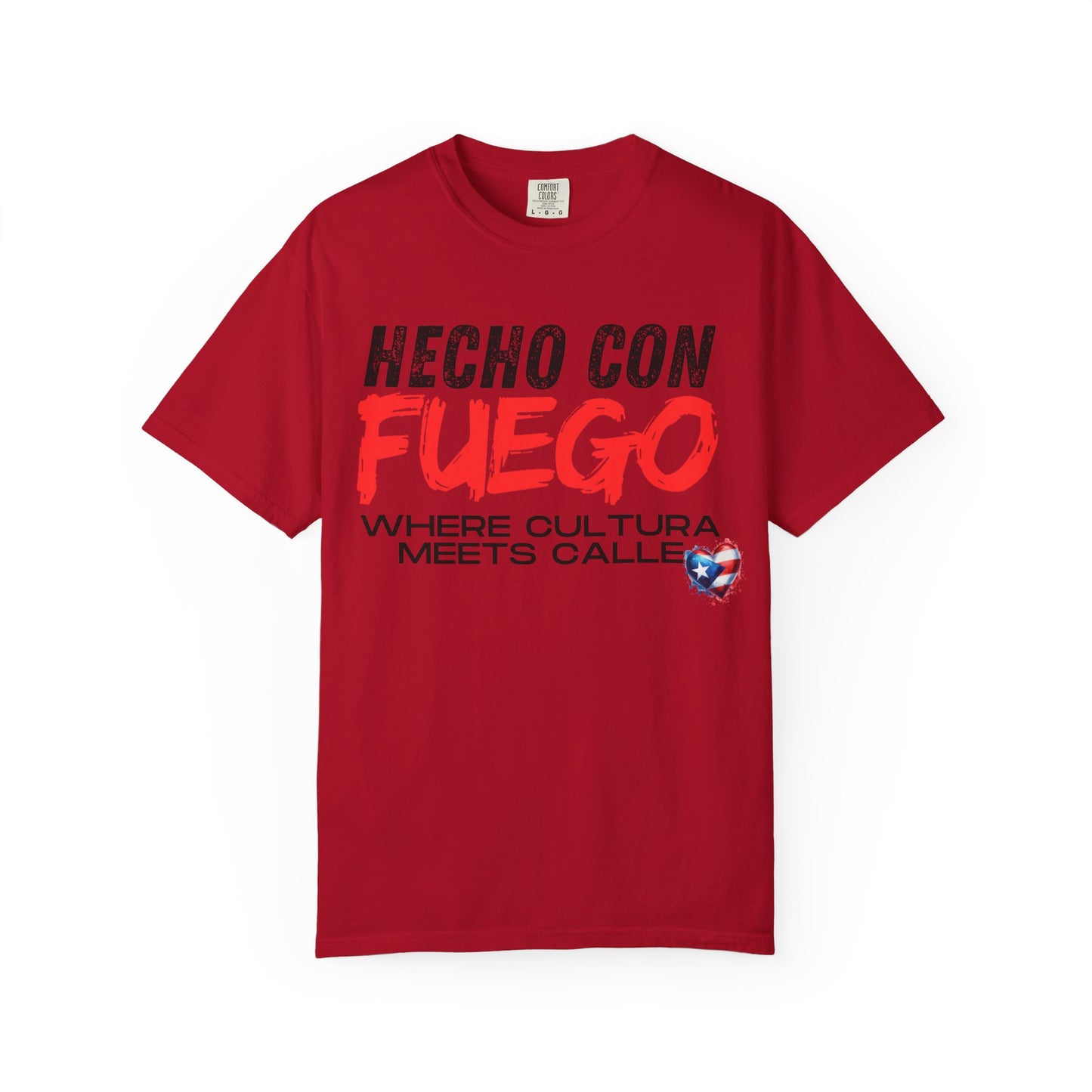 FUEGO T-Shirt, Boricua Pride Graphic Tee, Spanglish Streetwear, Puerto Rican Flag Heart Design