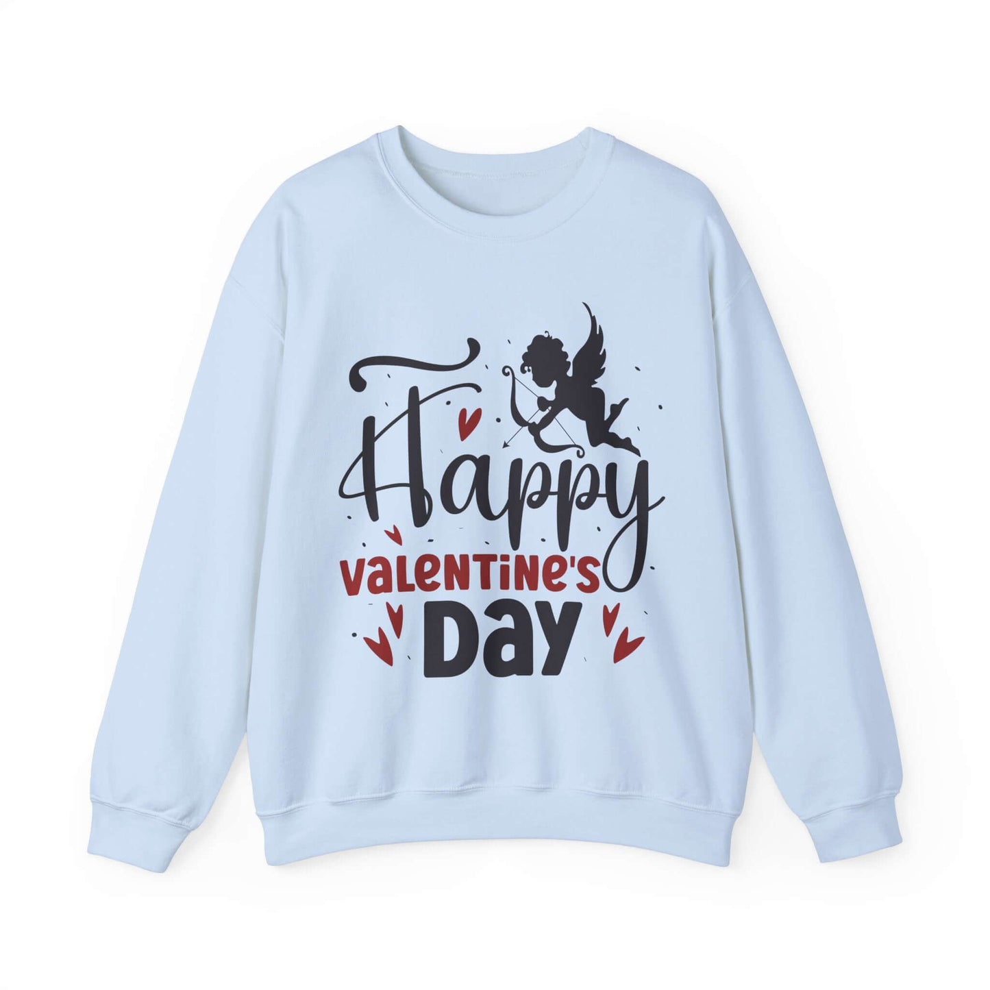 Light blue sweatshirt with 'Happy Valentine's Day' text and cupid design, perfect for a romantic and festive celebration.