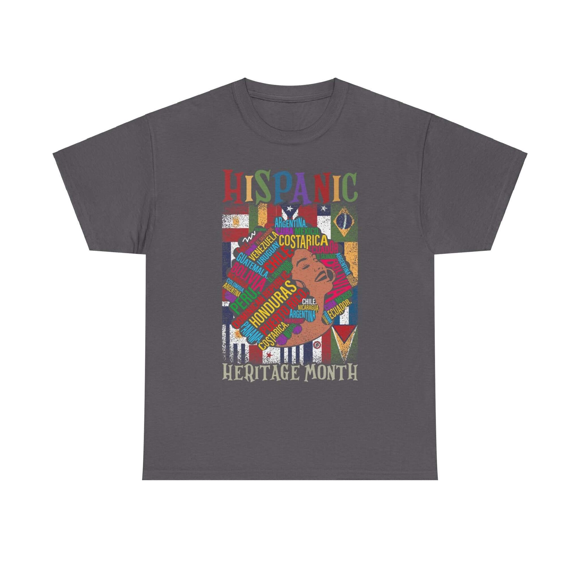 Hispanic Heritage Tee with flags forming a face, 'Hispanic Heritage Month' text, cultural pride t-shirt design.