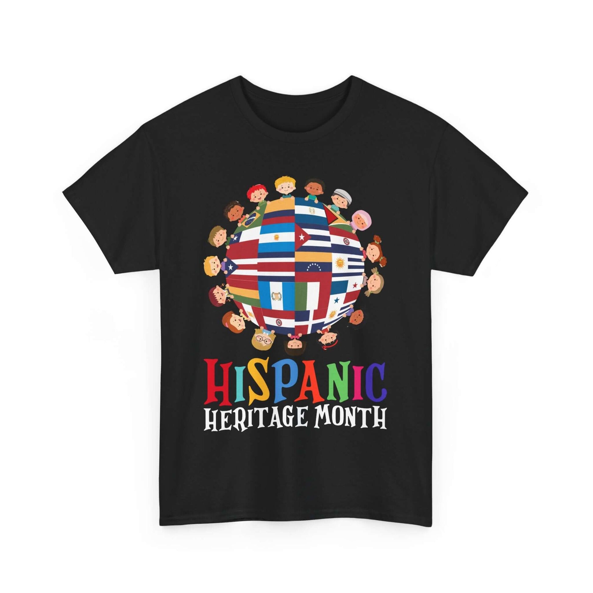 Kids' T-shirt with Hispanic flags globe celebrating Hispanic Heritage Month, perfect for diverse cultural events.