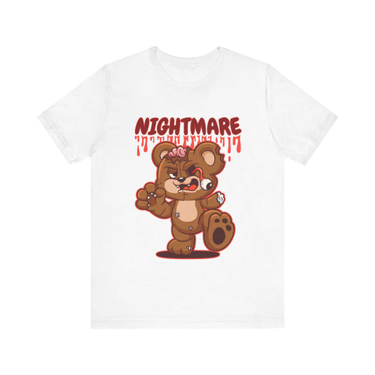 Creepy Teddy Bear Halloween Women's T-shirt - Stitched Up, Arm Missing, Blood Drip Cartoon, Scary Tee for Halloween Costumes Frightening Fun
