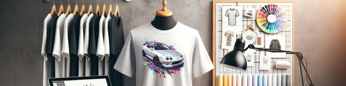 Custom car design t-shirt displayed on mannequin next to design materials and white shirts on hangers in a creative studio setting.