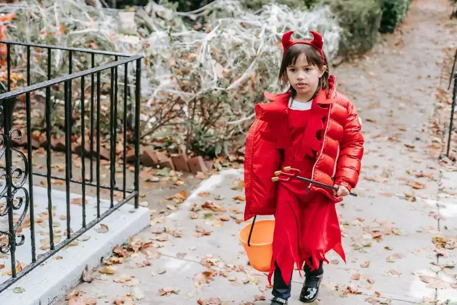 Child in red devil costume trick-or-treating on Halloween with orange candy bucket.