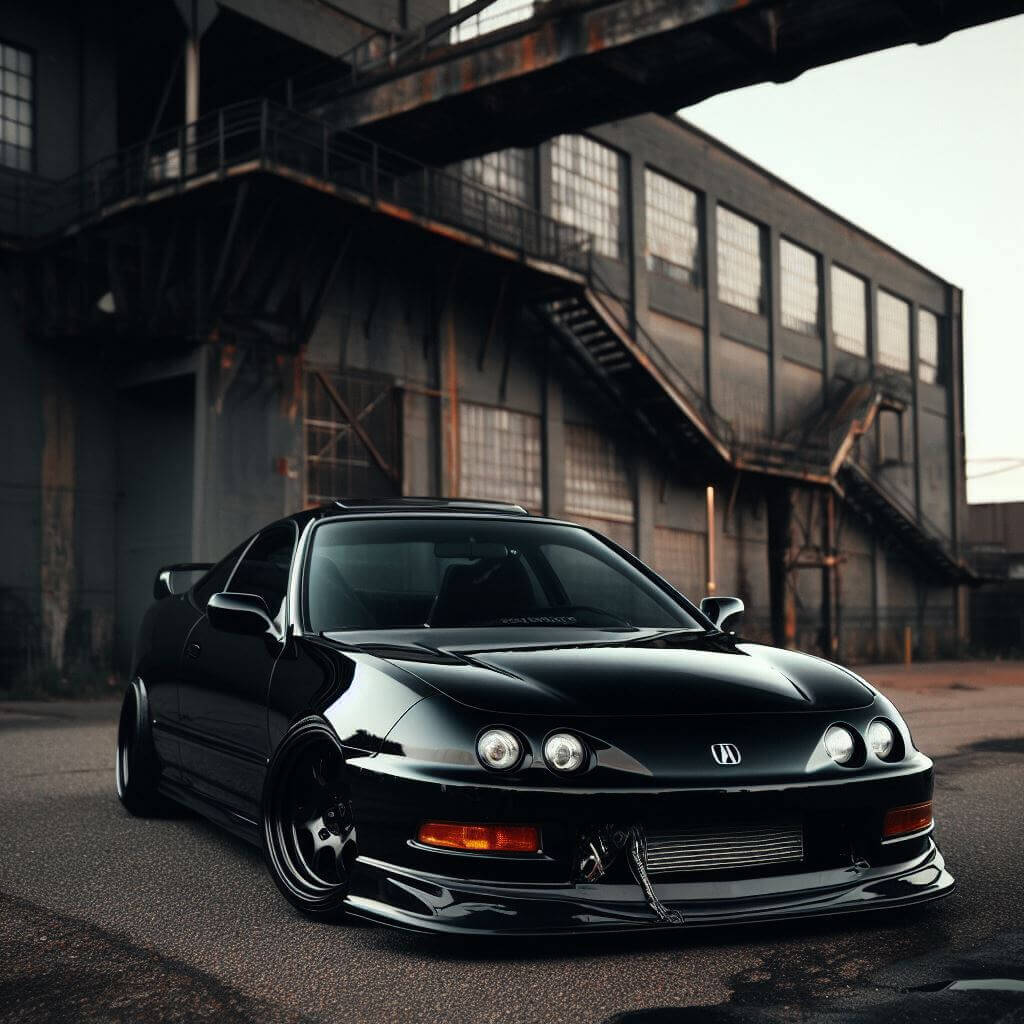 Sleek black JDM car parked in urban setting, reflecting Koncepto's unique fashion inspiration.