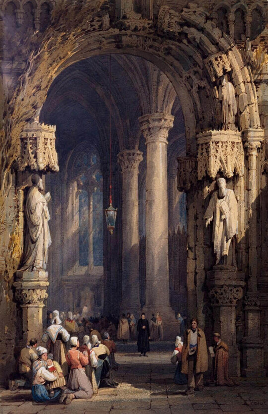 Medieval cathedral interior with elaborate stone carvings and people gathered in prayer.