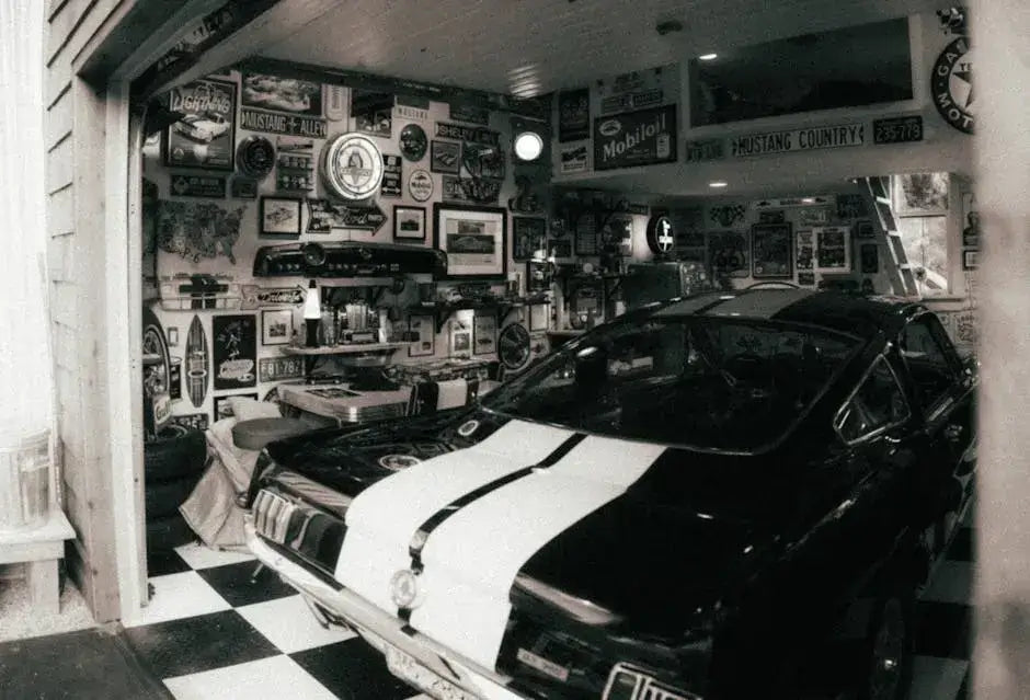 Vintage car in a retro-themed garage filled with classic memorabilia, embodying nostalgic car culture and style.